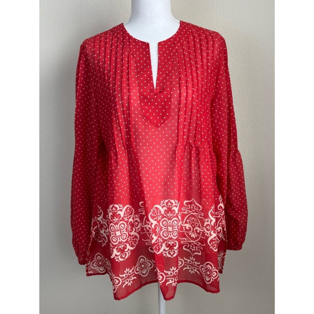 Foxcroft Red Polka Dot Blouse Womens Size 6 Pleated Lightweight Boho Career Top